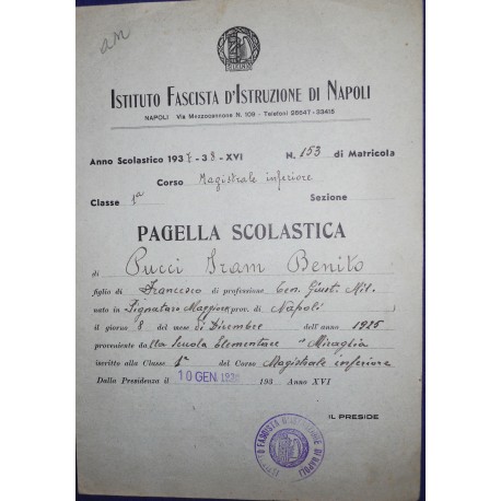 PAGELLA SCOLASTICA 1937-1938 ISTITUTO FASCISTA D'ISTRUZIONE DI NAPOLI *