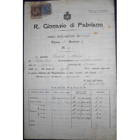 PAGELLA SCOLASTICA 1916-1917 GINNASIO DI FABRIANO *