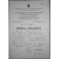 PAGELLA SCOLASTICA 1940-1941 SCUOLA SECONDARIA PROFESSIONALE ITALO BALBO *