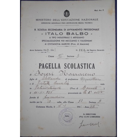 PAGELLA SCOLASTICA 1940-1941 SCUOLA SECONDARIA PROFESSIONALE ITALO BALBO *